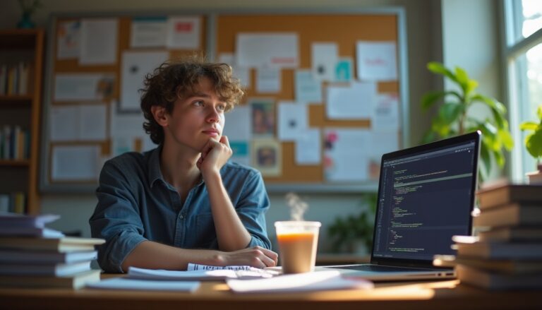 Personne réfléchissant devant un ordinateur portable.