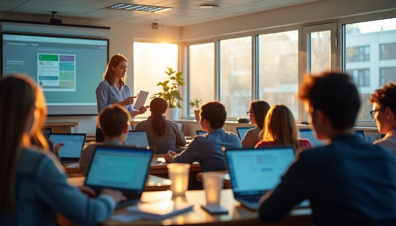 Salle de classe avec étudiants et professeur, ordinateurs portables