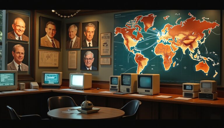 Salle rétro avec ordinateurs et cartes géographiques.