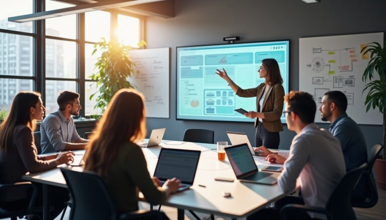 Réunion d'affaires avec présentation dans un bureau moderne.