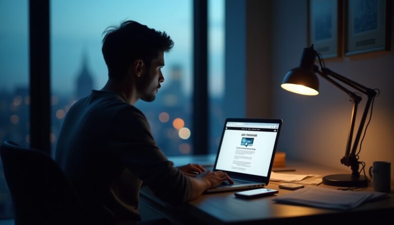 Homme travaillant sur ordinateur portable dans appartement nocturne.