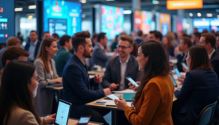 Participants discutant lors d'un salon professionnel animé.