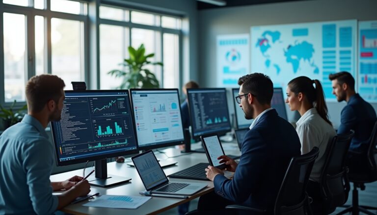 Analystes travaillant sur des ordinateurs avec graphiques financiers.