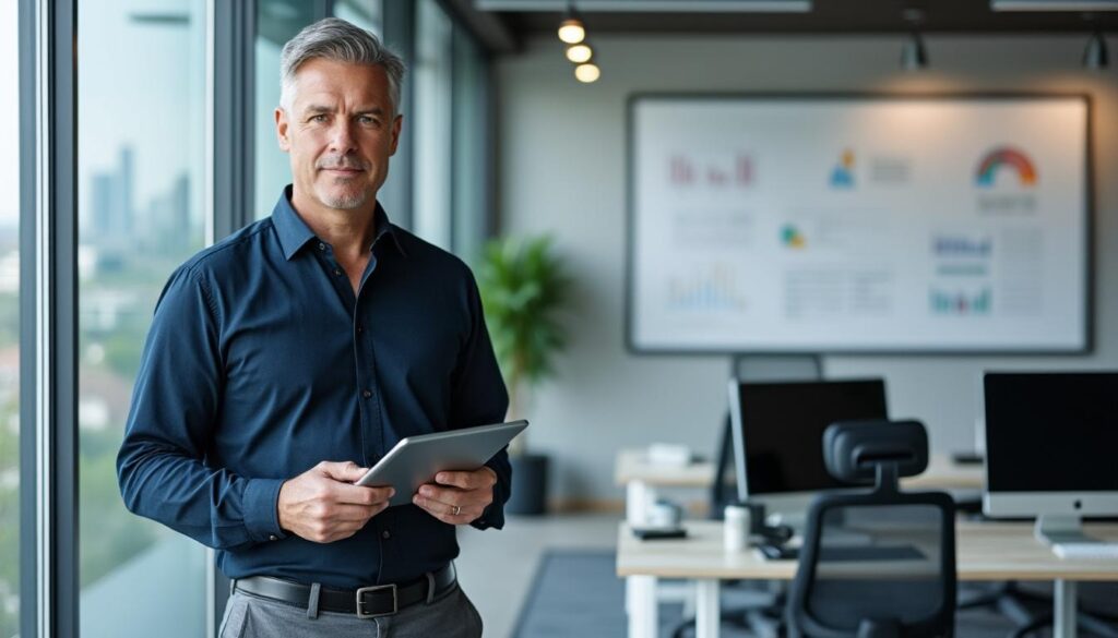 samuel Homme en chemise tenant une tablette dans un bureau.