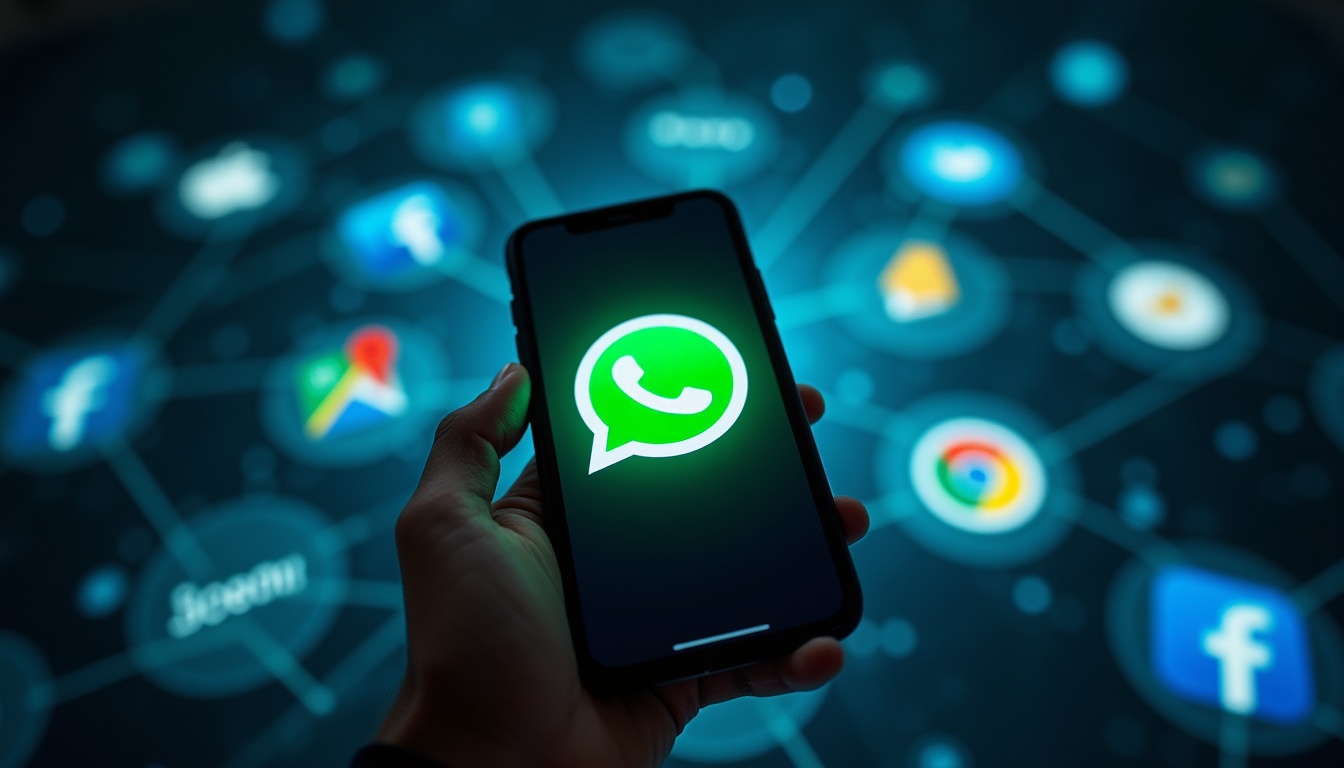 Smartphone affichant le logo WhatsApp sur écran numérique.
