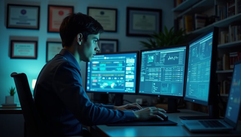 Homme travaillant sur ordinateur avec plusieurs écrans.