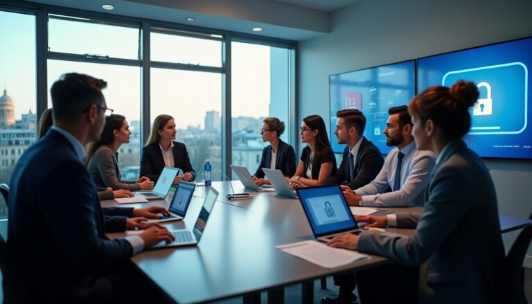 Réunion d'affaires avec ordinateurs portables et écran sécurisé.