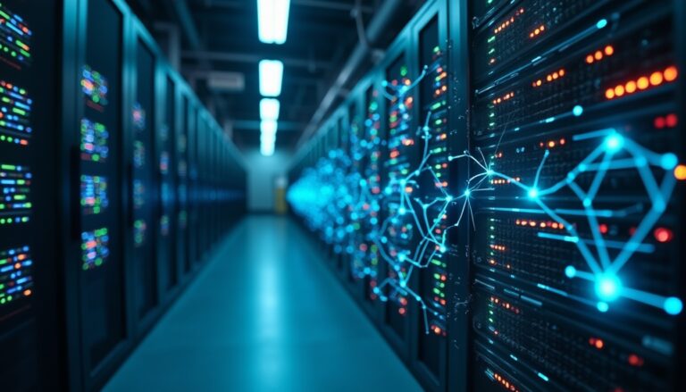 Salle de serveurs avec lumières LED et câbles.