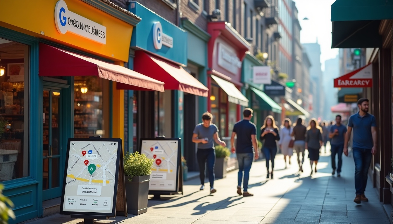 Rue commerçante animée avec piétons et magasins.