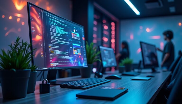 Bureau moderne avec écrans d'ordinateur allumés