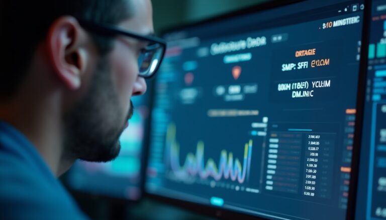 Homme analysant données sur écran d'ordinateur, graphique visible.
