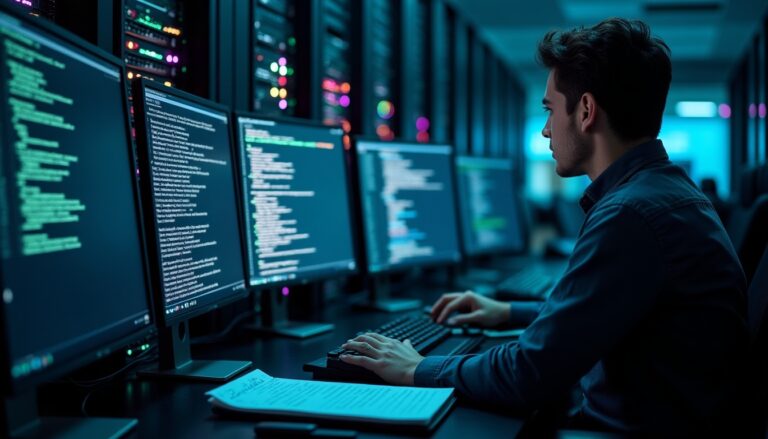 Programmeur travaillant sur des ordinateurs avec code affiché.