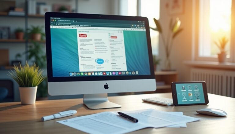 Bureau avec ordinateur et tablette dans le salon ensoleillé