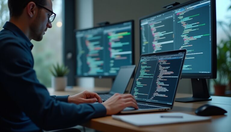 Programmeur travaillant sur code informatique sur plusieurs écrans.