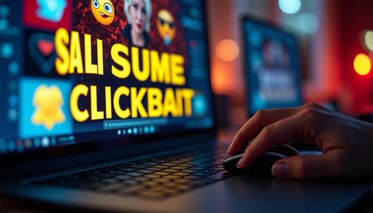 Écran d'ordinateur affichant contenu clickbait, main sur souris.