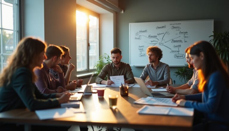 Réunion d'équipe en salle de conférence ensoleillée.