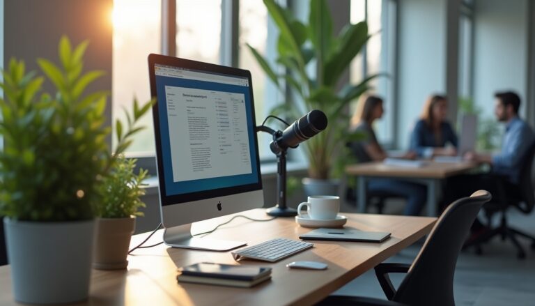 Bureau moderne avec ordinateur, micro et plantes vertes.