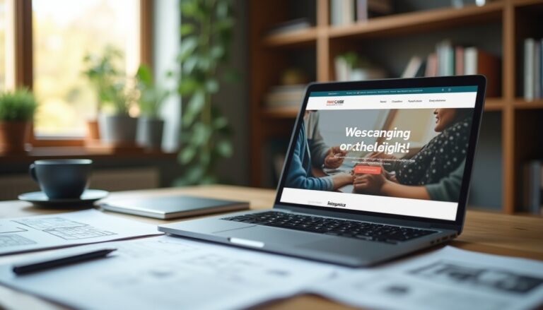 Ordinateur portable affichant une page web dans un bureau.