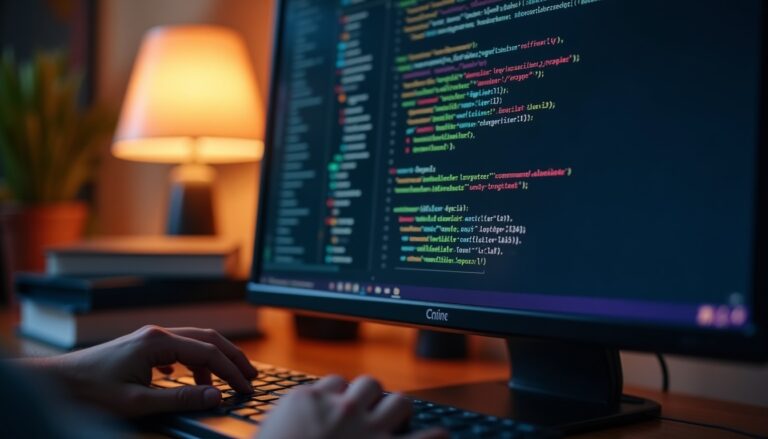 Écran avec code informatique en bureau.