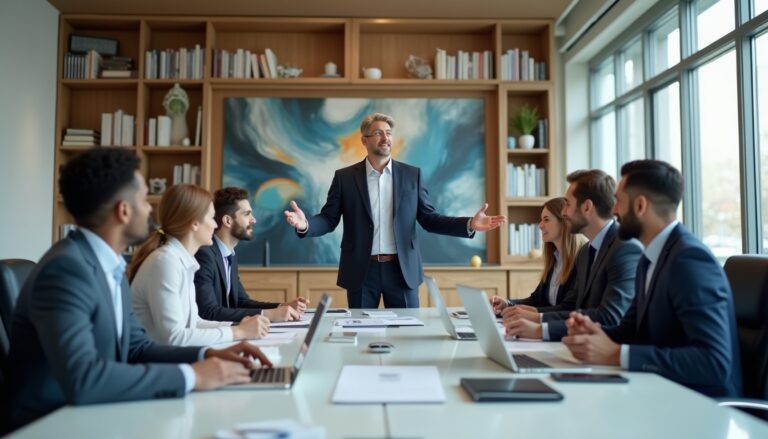Réunion d'affaires dans salle de conférence moderne.
