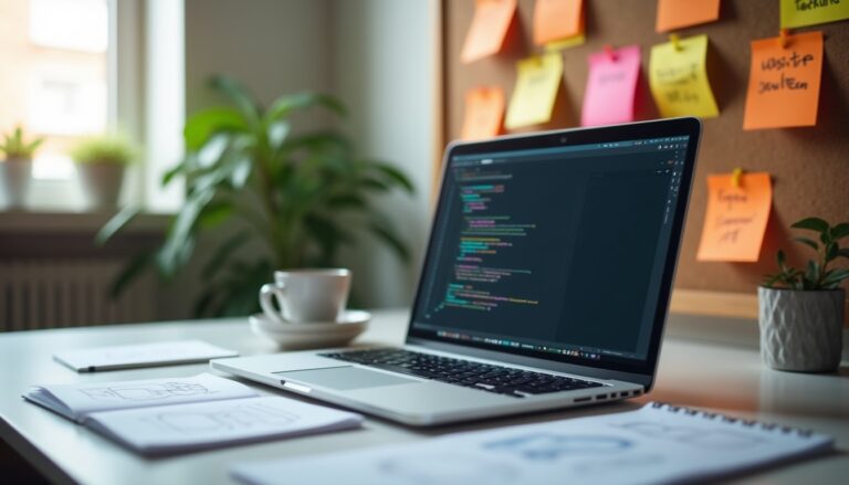 Bureau avec ordinateur portable et post-it colorés.