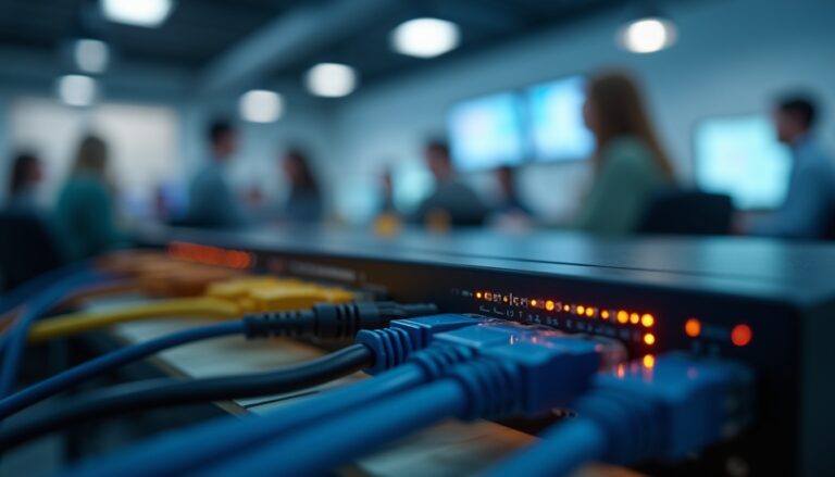 Routeur réseau en salle de réunion professionnelle.