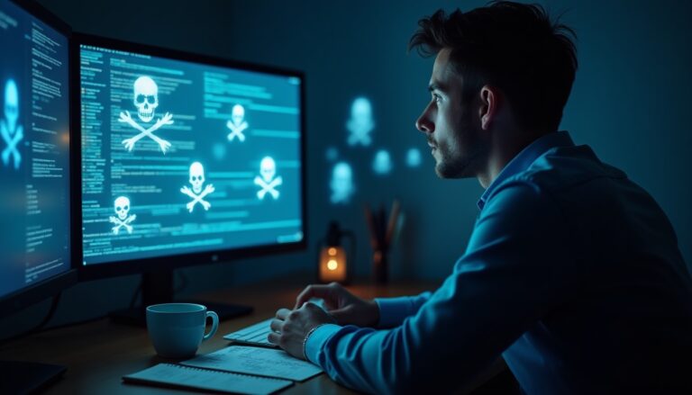 Homme analysant un écran d'ordinateur avec piratage