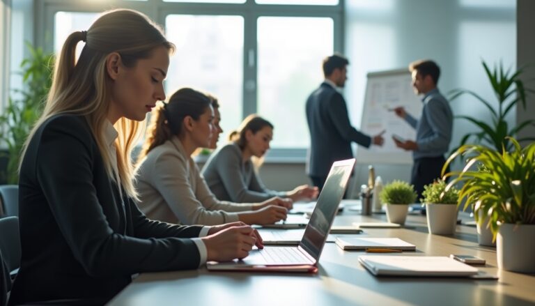 Réunion d'affaires avec femmes et hommes travaillant ensemble