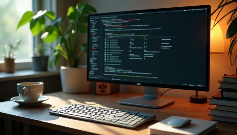 Ordinateur avec code, tasse et plantes