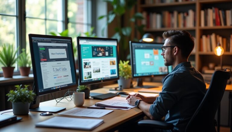 Homme travaillant sur ordinateur à triple écran moderne.
