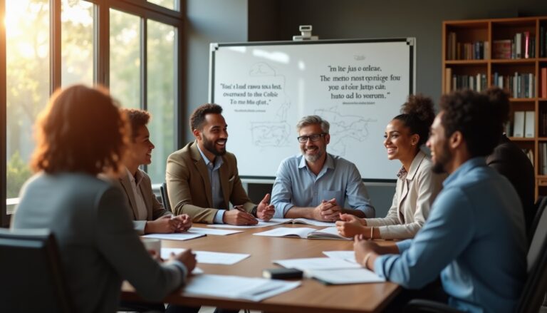 Réunion d'équipe souriante en salle de réunion lumineuse.