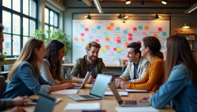 Réunion d'équipe dynamique avec ordinateurs et tableau.