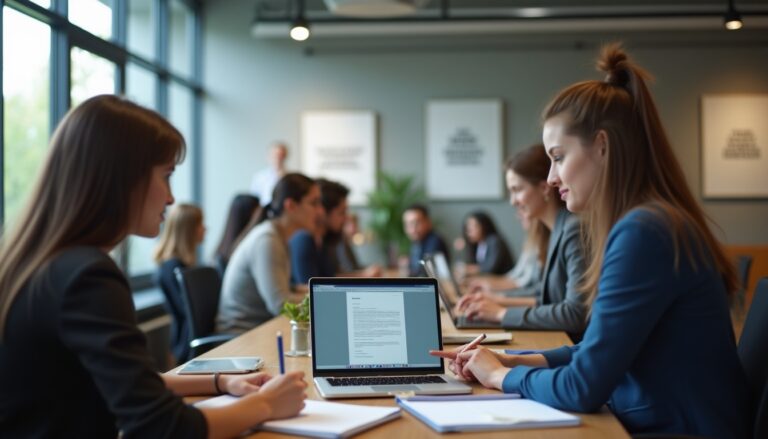 Réunion d'affaires avec ordinateurs portables et discussions