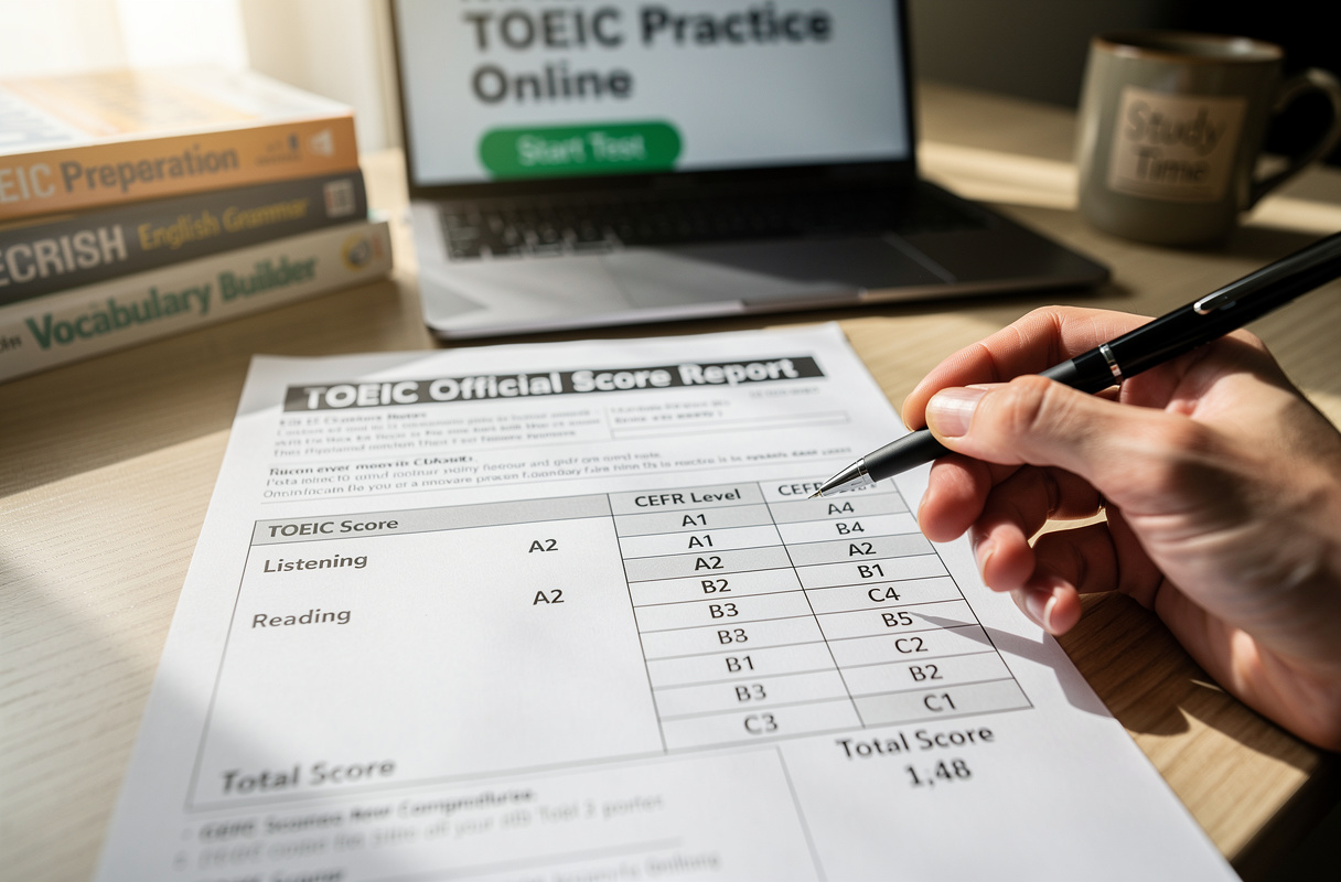 La grille d’évaluation TOEIC se compose de deux sections distinctes, Listening et Reading, chacune notée de 5 à 495 points. Comprendre comment la grille convertit les bonnes réponses en points permet de mieux cibler sa préparation et d’améliorer son score TOEIC avec précision. 