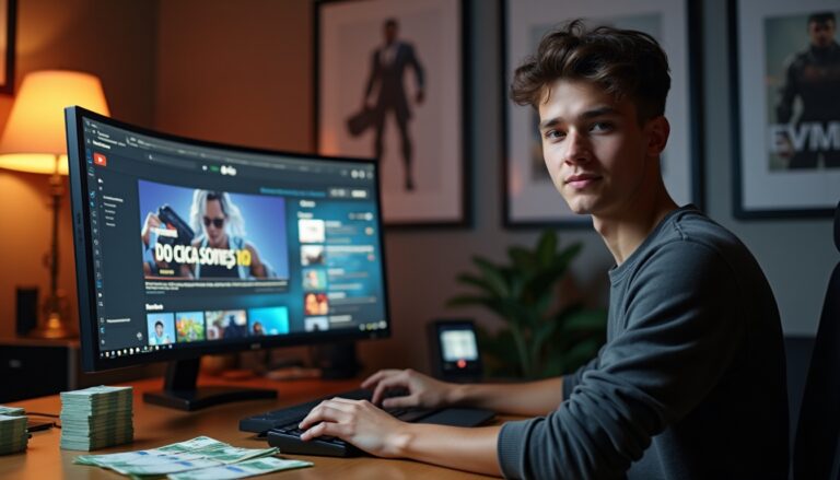 Homme utilisant ordinateur avec écran incurvé