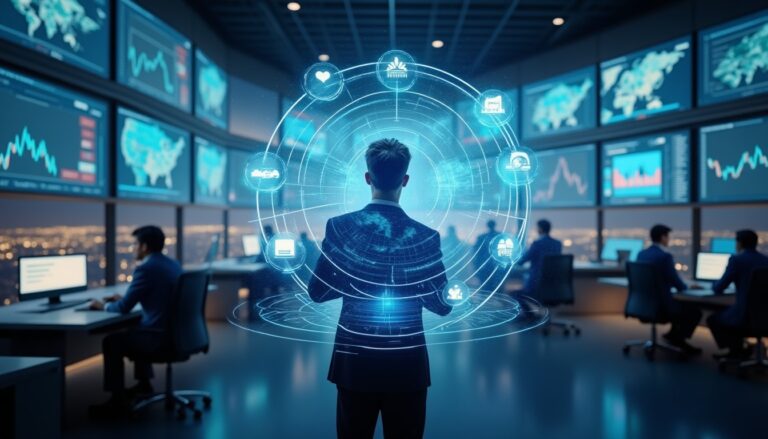 Salle de contrôle high-tech avec écrans et hologrammes