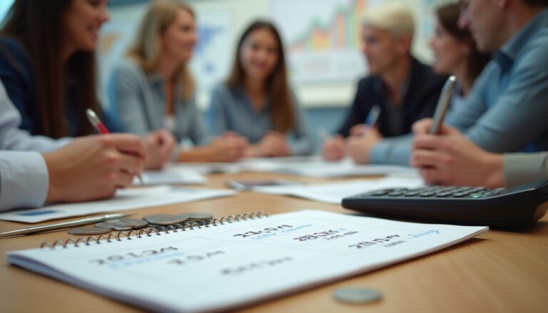 Réunion d'équipe avec documents et calculatrice sur table.