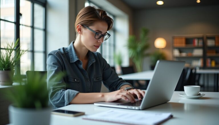 Personne travaillant sur ordinateur portable dans un bureau.
