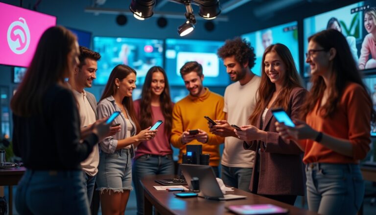 Groupe de personnes utilisant des smartphones en réunion.