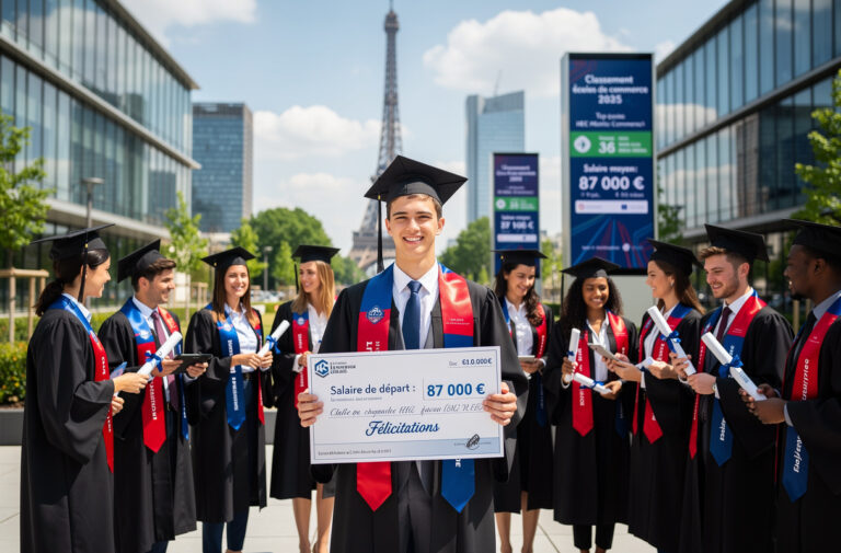 Le top des salaires à la sortie des écoles de commerce en 2025 confirme la domination incontestée d’HEC Paris avec un salaire moyen de 87 252 euros, suivi par Insead et ESSEC, qui captent les offres les mieux rémunérées en conseil stratégique, finance et technologies. Cette hiérarchie salariale reflète l’importance du prestige et du réseau dans le marché du recrutement des jeunes diplômés.